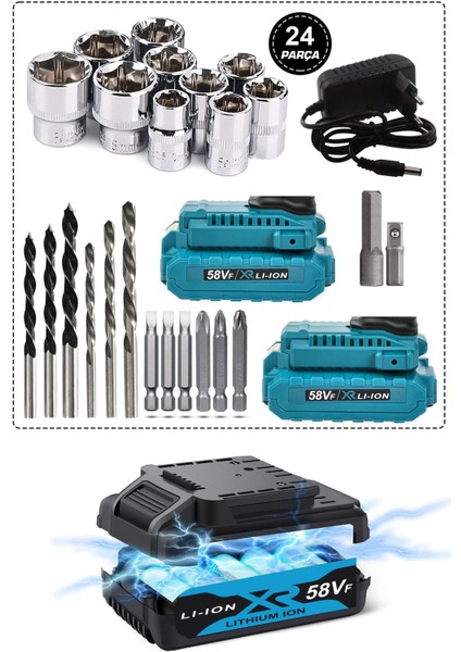 Pro-Xxc-Line Germany Technology Çift Akülü Şarjlı Matkap 24 Parça 58 Vf 5 Ah Powerblack