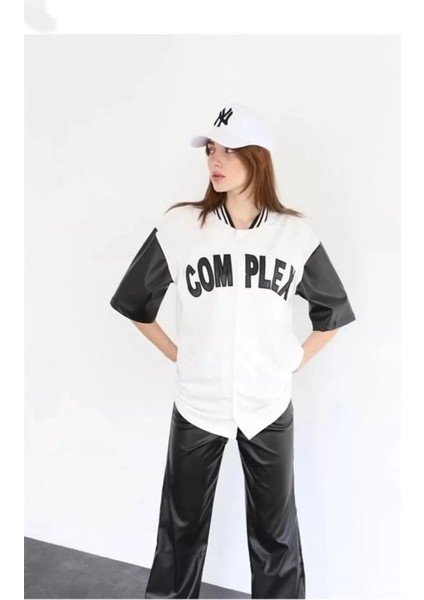 Complex Kolları Deri Kolej Oversize T-Shirt - Beyaz