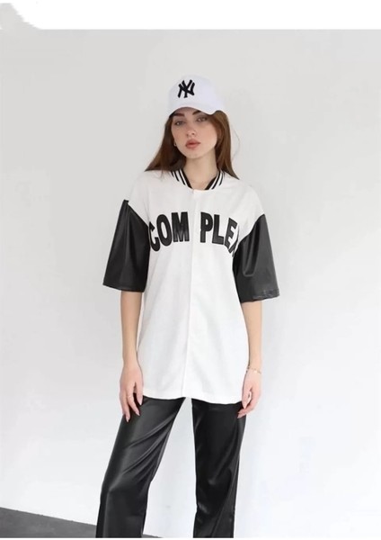 Complex Kolları Deri Kolej Oversize T-Shirt - Beyaz