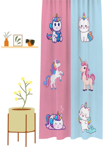 Unicorn Kediunıcorn Özel Tasarım Desenli Dijital Baskılı (Tek Kanat) Çocuk Odası Modern Fon Perde