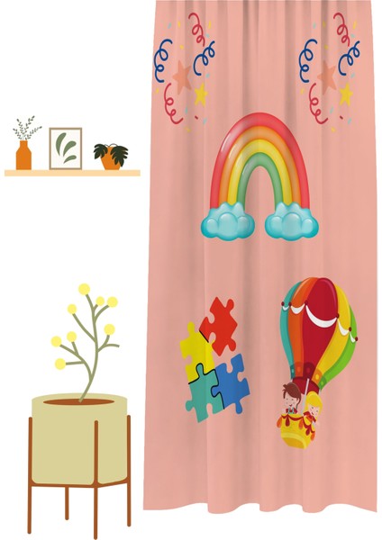 Gökkuşağı Yapboz Balon Özel Tasarım Desenli Dijital Baskılı (Tek Kanat) Çocuk Odası Modern Fon Perde