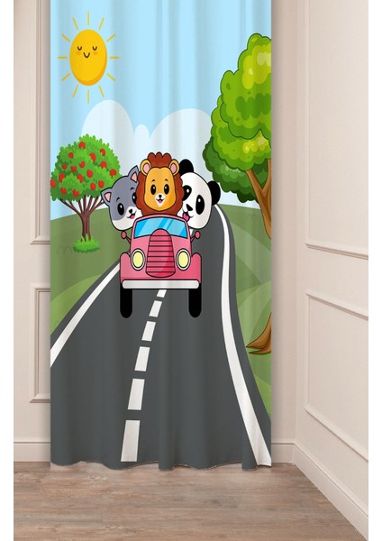Aslan Panda Kedi Yol Özel Tasarım Desenli Dijital Baskılı (Tek Kanat) Çocuk Odası Modern Fon Perde