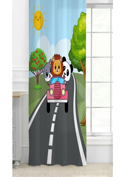 Aslan Panda Kedi Yol Özel Tasarım Desenli Dijital Baskılı (Tek Kanat) Çocuk Odası Modern Fon Perde