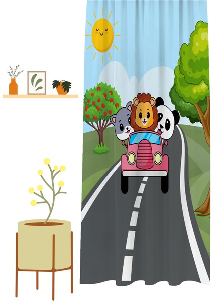 Aslan Panda Kedi Yol Özel Tasarım Desenli Dijital Baskılı (Tek Kanat) Çocuk Odası Modern Fon Perde