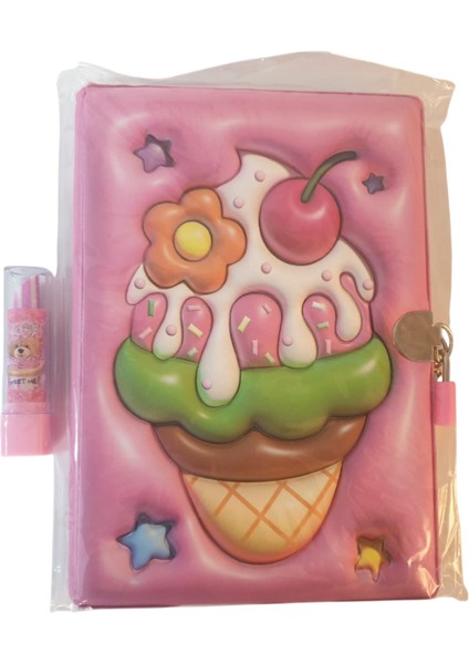 Antkırtasiyeaksesuar Kilitli Defter Günlük Icecream Dondurma ve Ruj Silgi Paket Hediyelik Ajanda