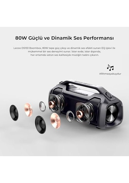 DS153 Boombox Rgb Bluetooth Eq Işlevi Subwoofer Suya Karşı Dayanıklı 40W Rms Powerbank 360° Ses Işlevli 2 Pasif Radyatörlü 5.0 Stereo 3600MAH 80W Tepe Güç Tws Ipx5 Taşınabilir Hoparlör