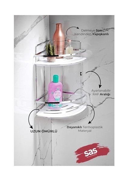 Haus Yapışkanlı Ömür Boyu Paslanmaz Kristal Ayarlanabilir Raf Banyo Düzenleyici Şampuanlık Lk-02 Kbkk