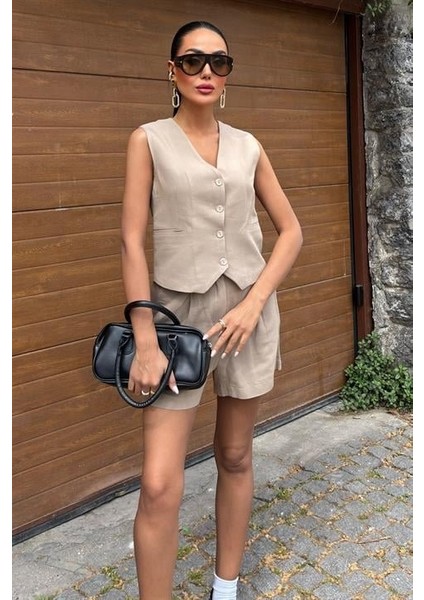 Yelek Şort Flamlı Keten Takım 10133-17 fiyatları