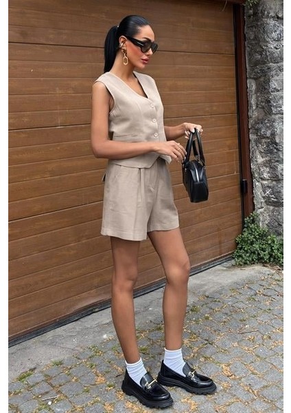 Yelek Şort Flamlı Keten Takım 10133-17 fırsatları