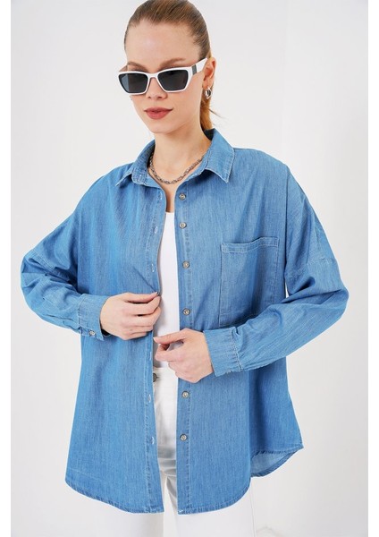 Oversize Kot Gömlek 20280 - Mavi