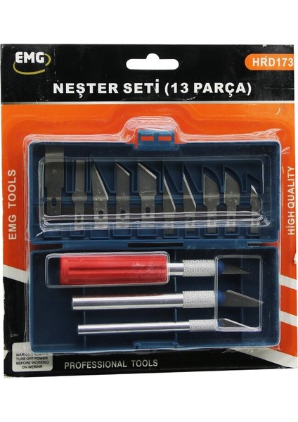 13 Pcs Neşter Seti 13 Rklı Açı - Şekilli Uç 3 Rklı Kalınlık - Ağızlıklı Metal Sap