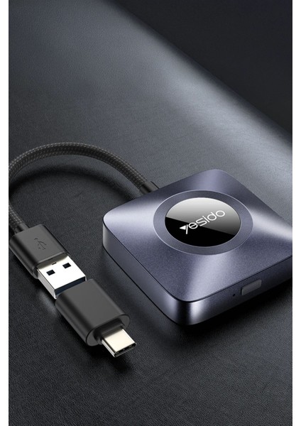 Uyumlu Yesido KM23 2-In-1 Kablosuz Carplay Adaptör (1080P, Type-C To Usb, Bluetooth 5.0, Apple iPhone Uyumlu) - Siyah