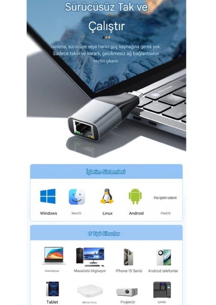 100 Mbps Type-C To RJ45 Dönüştürücü Type-C Giriş Ethernet Dönüştürücü RJ45 Dönüştürücü Çevirici Orjinal Sağlam