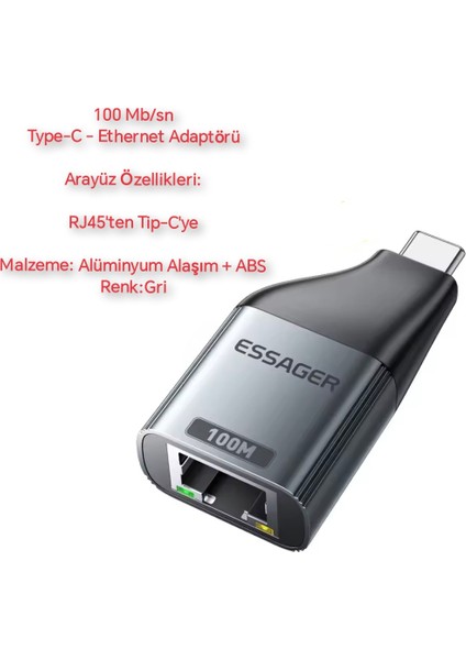 100 Mbps Type-C To RJ45 Dönüştürücü Type-C Giriş Ethernet Dönüştürücü RJ45 Dönüştürücü Çevirici Orjinal Sağlam