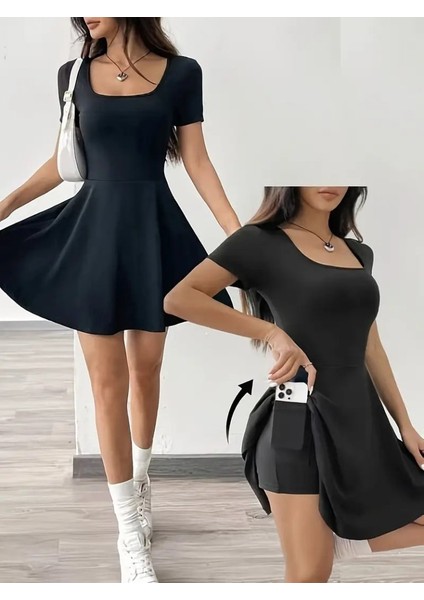 Kadın Kısa Kollu Kare Yaka Short Detaylı Cepli Dalgıç Elbise
