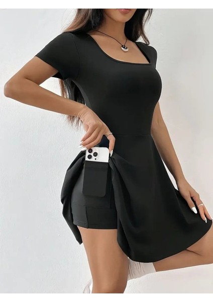 Kadın Kısa Kollu Kare Yaka Short Detaylı Cepli Dalgıç Elbise