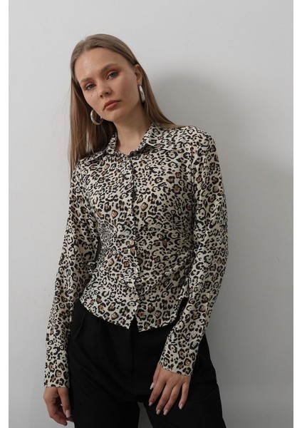 Yanları Büzgülü Leopar Gömlek - Leopar