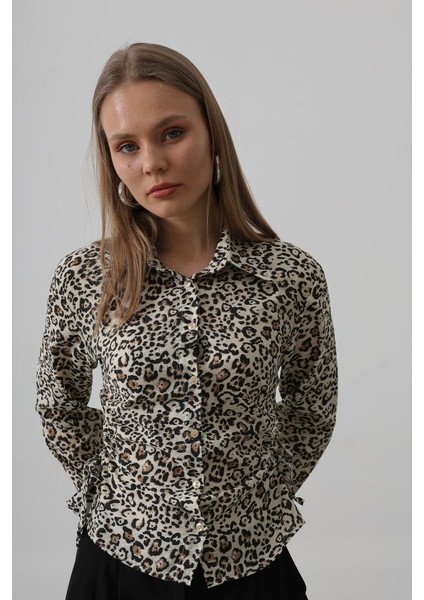 Yanları Büzgülü Leopar Gömlek - Leopar