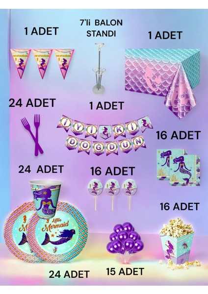 24 Kişilik Deniz Kızı Temalı 2xl Paket - Doğum Günü Parti ve Eğlenceli Etkinlikler