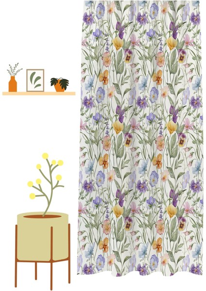 Çiçekler Yaprak Kare Geometrik Çizgiler Desenli Özel Tasarım Dijital Baskılı (Tek Kanat) Fon Perde modelleri