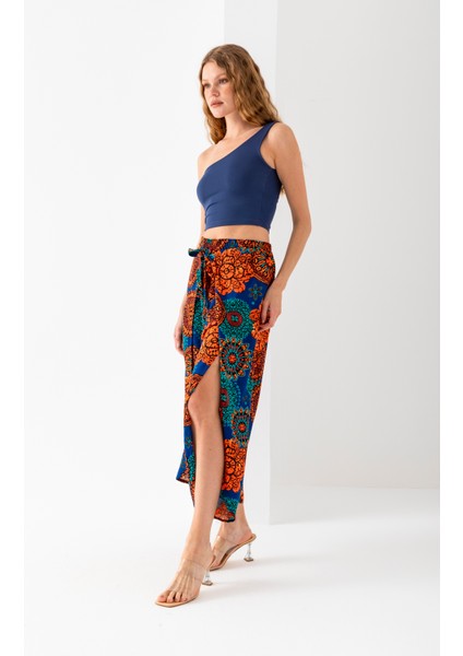 Kadın Turuncu Petrol Beyaz Zarf Kapaklı Içe Katlamalı Içi Şortlu Viskon Dokuma Şalvar Pantolon