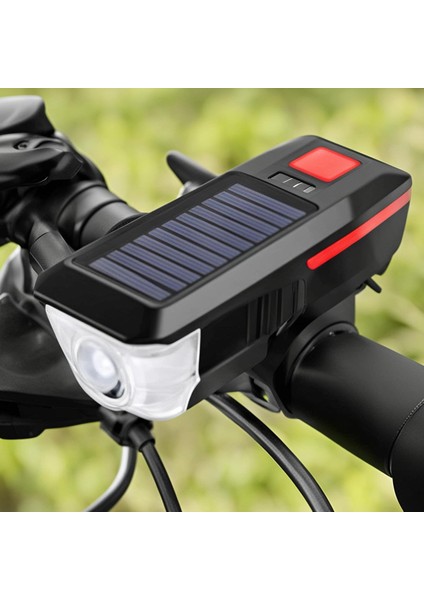 Güneş Enerjili Usb Şarjlı Led Bisiklet Feneri 120db Korna Ön Far Işığı