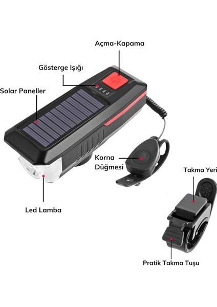 Güneş Enerjili Usb Şarjlı Led Bisiklet Feneri 120db Korna Ön Far Işığı