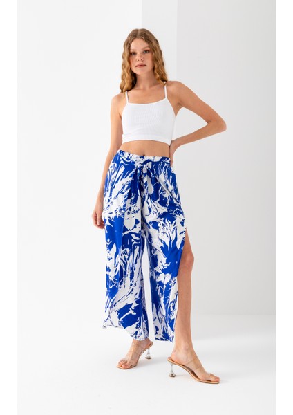 Kadın Saks Beyaz Zarf Kapaklı Içe Katlamalı Içi Şortlu Viskon Dokuma Şalvar Pantolon