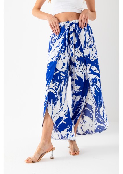 Kadın Saks Beyaz Zarf Kapaklı Içe Katlamalı Içi Şortlu Viskon Dokuma Şalvar Pantolon fiyatları