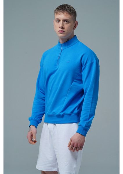 Daily Core - Mavi Yarım Fermuarlı Pamuklu Erkek Oversize Sweatshirt
