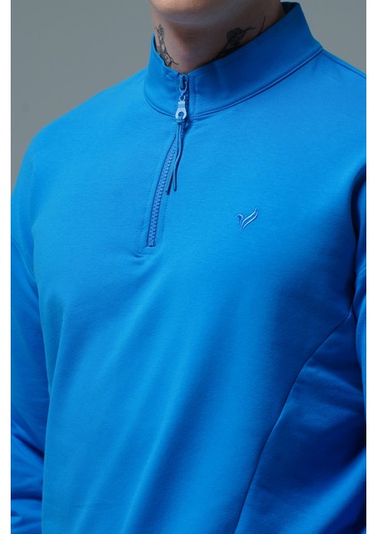 Daily Core - Mavi Yarım Fermuarlı Pamuklu Erkek Oversize Sweatshirt