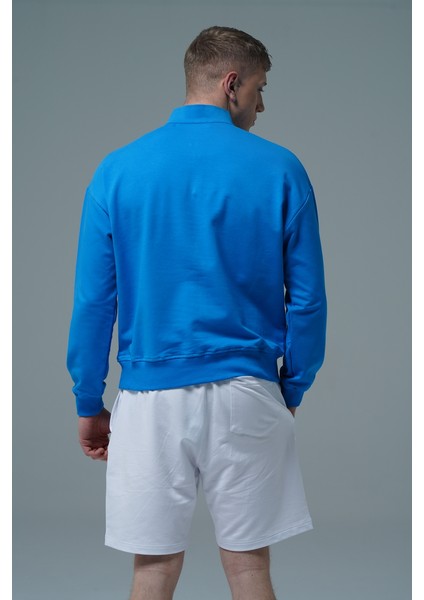 Daily Core - Mavi Yarım Fermuarlı Pamuklu Erkek Oversize Sweatshirt