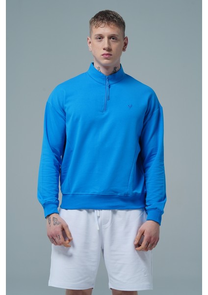 Daily Core - Mavi Yarım Fermuarlı Pamuklu Erkek Oversize Sweatshirt