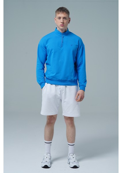 Daily Core - Mavi Yarım Fermuarlı Pamuklu Erkek Oversize Sweatshirt