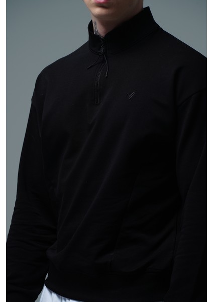 Daily Core - Siyah Yarım Fermuarlı Pamuklu Erkek Oversize Sweatshirt fiyatları