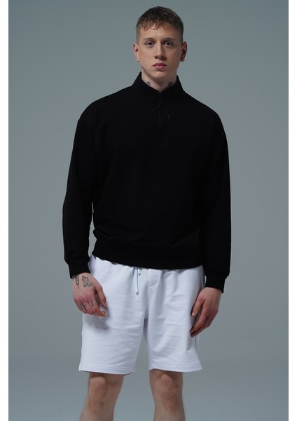 Daily Core - Siyah Yarım Fermuarlı Pamuklu Erkek Oversize Sweatshirt fırsatları