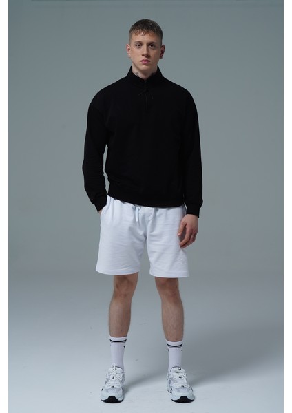 Daily Core - Siyah Yarım Fermuarlı Pamuklu Erkek Oversize Sweatshirt