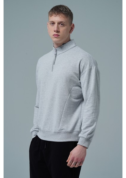 Daily Core - Gri Melanj Yarım Fermuarlı Pamuklu Erkek Oversize Sweatshirt