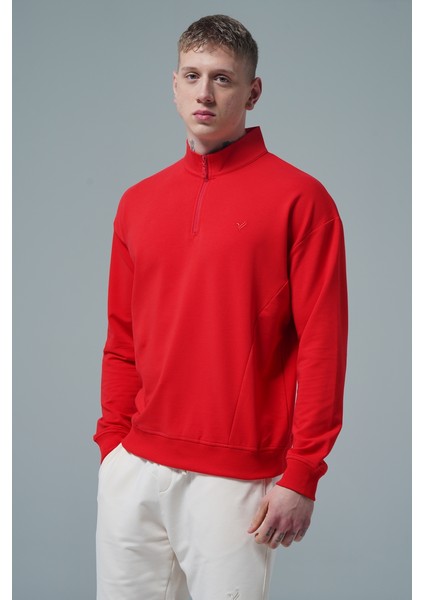 Daily Core - Kırmızı Yarım Fermuarlı Pamuklu Erkek Oversize Sweatshirt