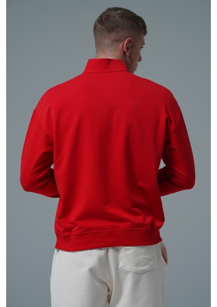 Daily Core - Kırmızı Yarım Fermuarlı Pamuklu Erkek Oversize Sweatshirt