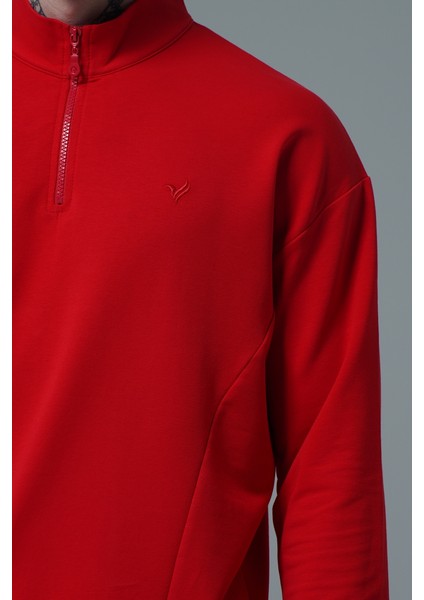 Daily Core - Kırmızı Yarım Fermuarlı Pamuklu Erkek Oversize Sweatshirt