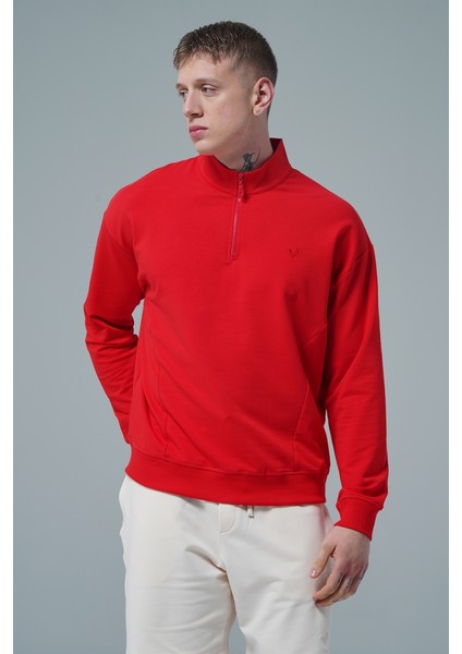 Daily Core - Kırmızı Yarım Fermuarlı Pamuklu Erkek Oversize Sweatshirt