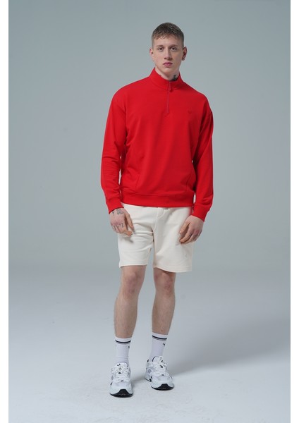 Daily Core - Kırmızı Yarım Fermuarlı Pamuklu Erkek Oversize Sweatshirt