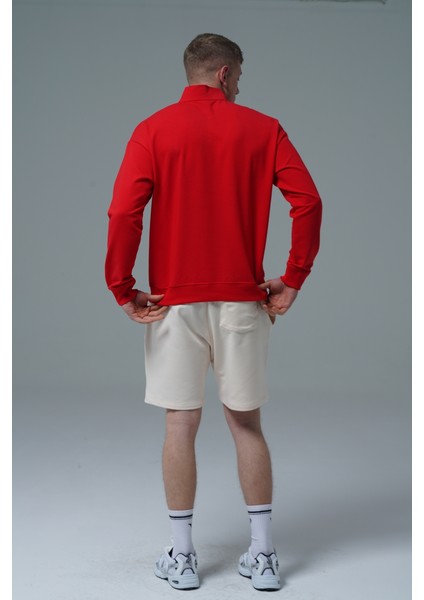 Daily Core - Kırmızı Yarım Fermuarlı Pamuklu Erkek Oversize Sweatshirt