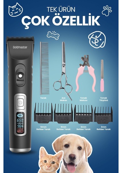 Pasha LED Ekran 10 In 1 Ayarlanabilir Şarjlı Kedi Köpek Tıraş Makinesi Evcil Hayvan Tüy Kesme Apara