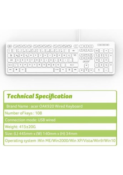 OAK920 Q USB Beyaz 1.8mt Kablolu Klavye-Tek Tuş Hesap Makinalı (Sessiz Tuş)