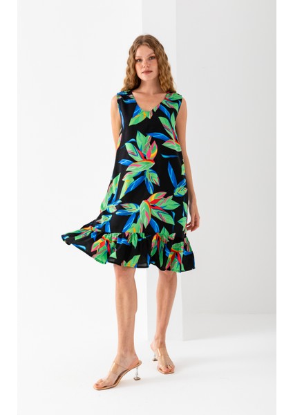 Kadın Yeşil Siyah Eteği Fırfırlı Kolsuz V Yaka Viskon Dokuma Elbise