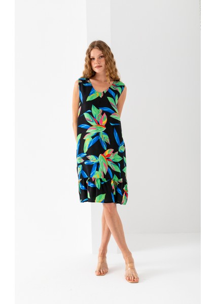 Kadın Yeşil Siyah Eteği Fırfırlı Kolsuz V Yaka Viskon Dokuma Elbise fiyatları