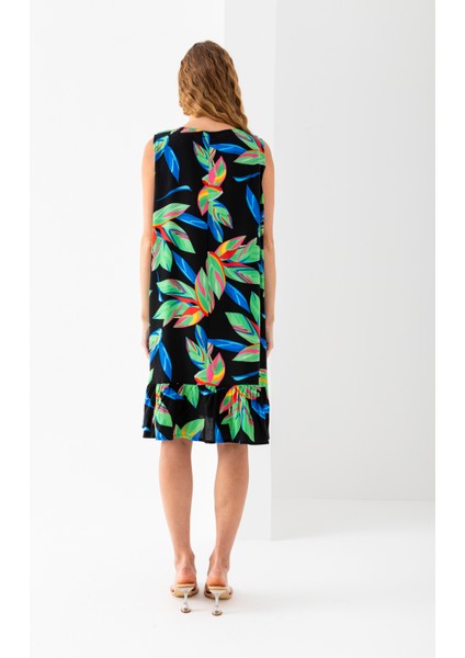 Kadın Yeşil Siyah Eteği Fırfırlı Kolsuz V Yaka Viskon Dokuma Elbise modelleri