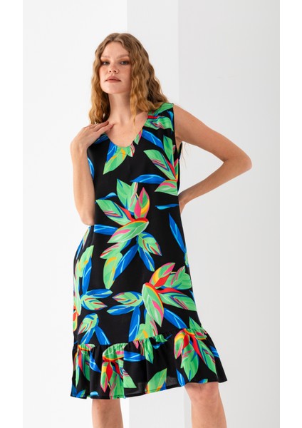 Kadın Yeşil Siyah Eteği Fırfırlı Kolsuz V Yaka Viskon Dokuma Elbise fırsatları